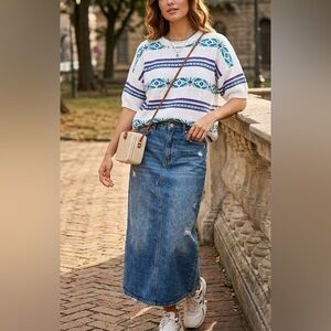 Vintage Carriage Court White Fair Isle Knit Short Sleeve Sweater 100% Cotton L